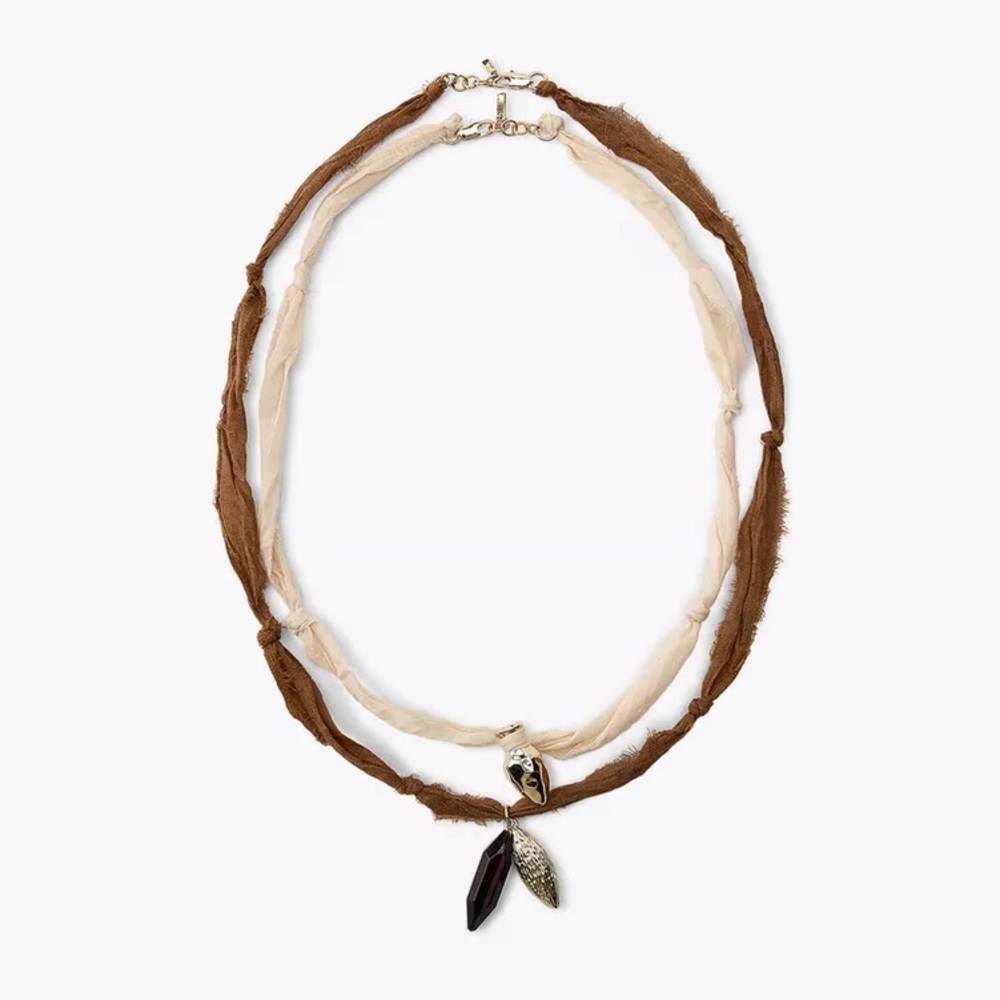 ZARA pair of Charm Necklaces, Tiger’s eye Stone & Gold-tone Charms on Ribbon
